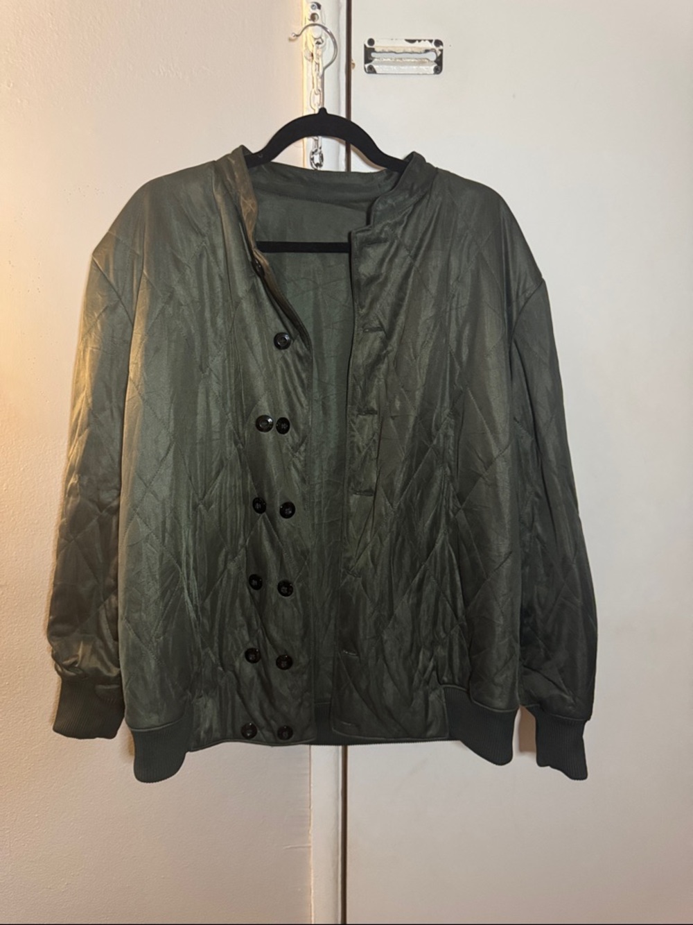 Olive Green Quilted Button Front Bomber Jacket